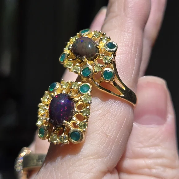 Opal green 💚 Onyx & Peridot sterling &gold ring sz8 adjustable - Picture 10 of 10